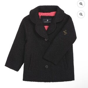 NWT London Fog Girls Coat 6/6X Black Teddy Jacket Hot Pink Lining Heart Buttons